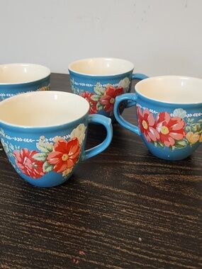 Set Of 4  Pioneer Woman Floral Stoneware Mug Teal Tea Latte Coffee Cup EUC